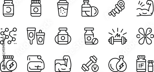 Fitness supplements and bodybuilding icons showcase health and wellness in a line art style.