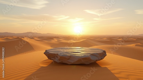 Fototapeta Naklejka Na Ścianę i Meble -  Stone podium on a sand dune in a vast desert at sunset. Empty rock stage for product display with a scenic, golden, and arid landscape background, perfect for showcasing natural o