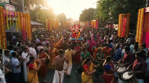 Grand Ganesh Visarjan procession — streets filled with music, devotees dancing, Lord Ganesha idol in the crowd, colorful decorations, sunset lighting