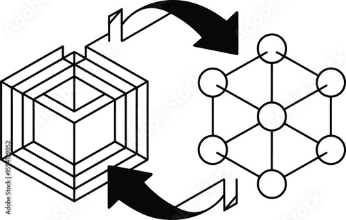 Transformation concept featuring cube outline converting to a network of circles with arrows.