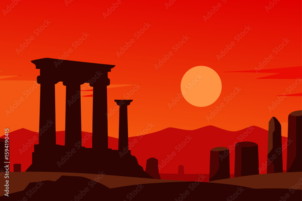 Fototapeta premium Ancient Ruins at Dusk With Red Orange Sky