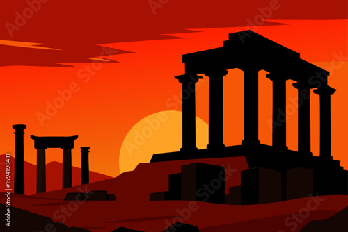 Ancient Ruins at Dusk With Red Orange Sky