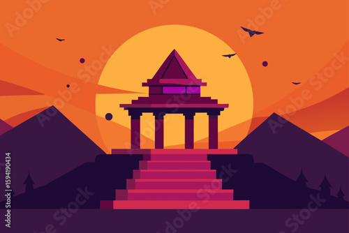 Ancient Temple Under Glowing Sunset and Evening