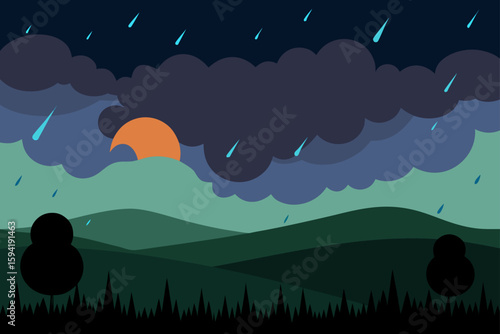 Dramatic Sky at Dusk Over Rain Soaked Meadow