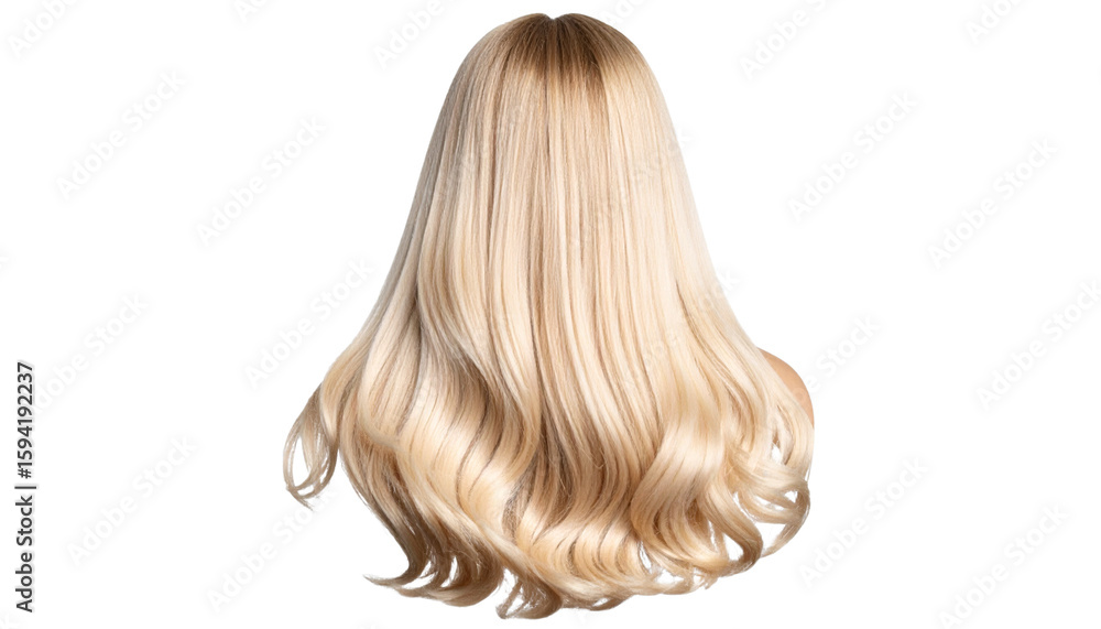 Naklejka premium Blonde female wig with natural human hair texture, isolated on a transparent PNG background. 