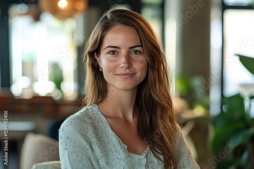 Natural light portrait of a casually dressed female professional in coworking space
