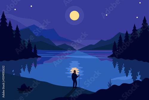 Lake Glowing at Twilight With Lone Fisherman Sil
