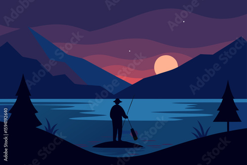 Lake Glowing at Twilight With Lone Fisherman Sil