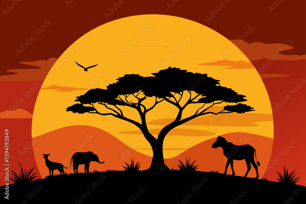 Naklejka premium Majestic Savanna Sunset With Acacia Tree and Wild