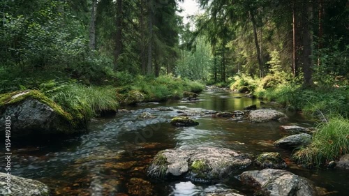 Wallpaper Mural Tranquil Stream in Forest: A serene river meanders through a lush, evergreen forest, inviting viewers to a state of contemplation, capturing the raw beauty of nature's artistry. Torontodigital.ca