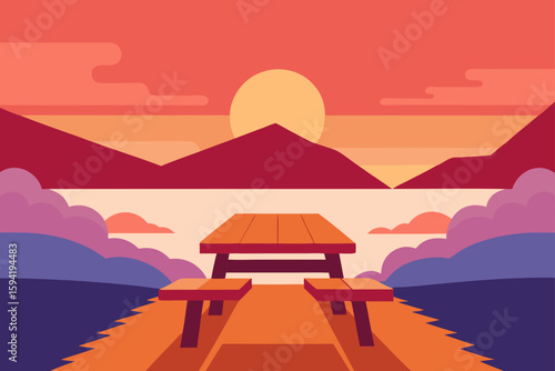 Scenic Overlook With Picnic Table at Sunset