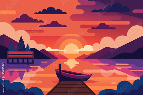 Sunset Background with Wooden Old Boat and Wooden Pier