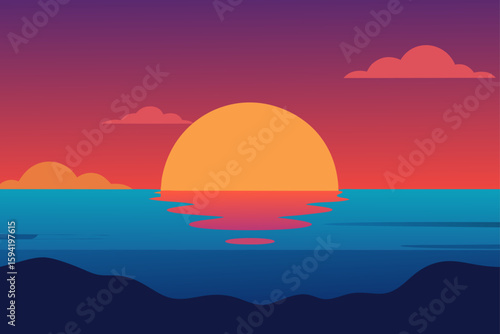 Sunset Over the Calm Ocean With Distant Islands