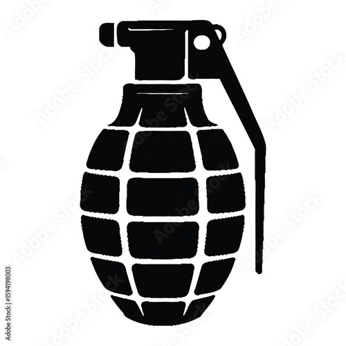 Black silhouette of a fragmentation grenade with a lever and pin bomb explosive