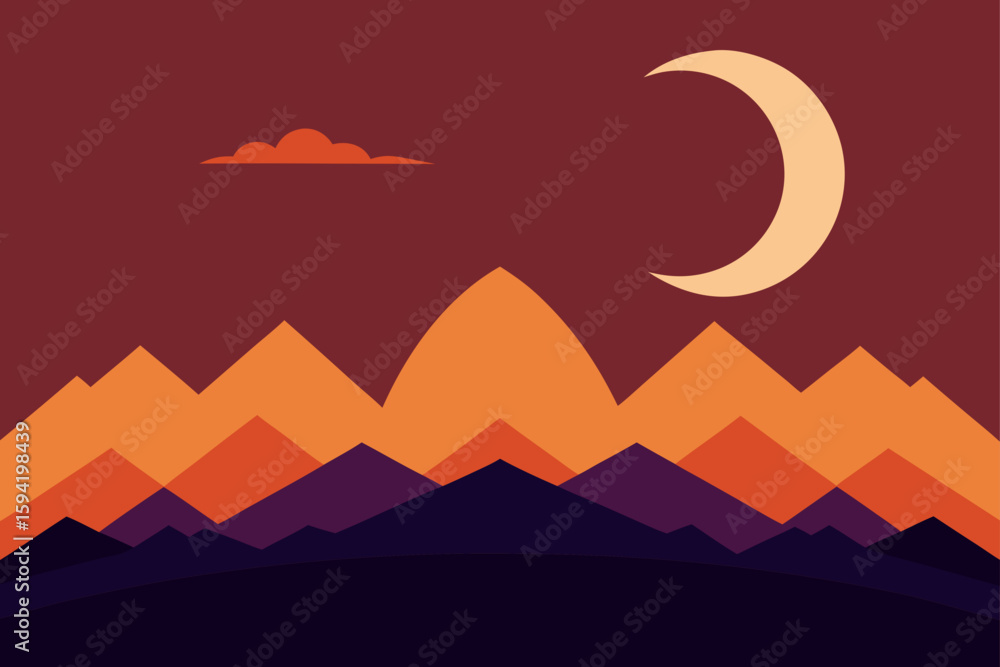 Fototapeta premium Sunset Sky With Crescent Moon Over Mountains