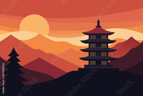 Sunset View From Hilltop Pagoda With Mountain Lay