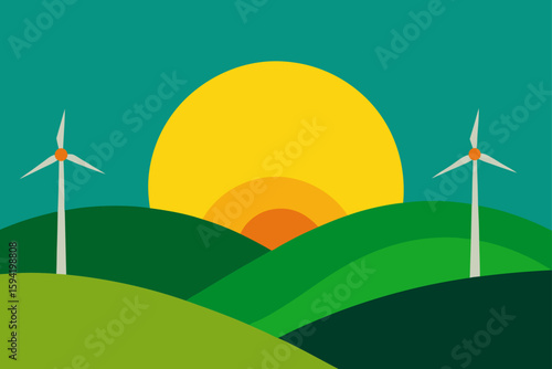Sunset With Wind Turbines on Green Hills