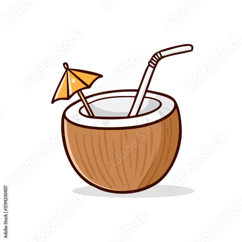 Coconut drink with a straw and umbrella for tropical concept designs, beach illustrations, summer themed graphics, vacation advertisements, and restaurant menus.