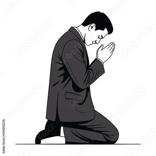 Man in dark suit kneeling with hands clasped in prayer praying