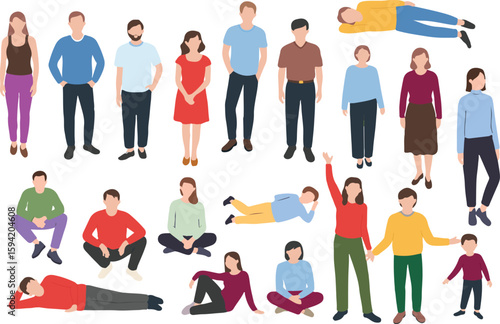 Diverse group of cartoon people standing, sitting, and lying down