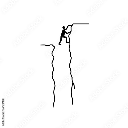 Silhouette of a person climbing a cliff with a large gap, reaching the top edge in black and white style