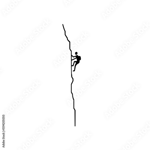 Silhouette of a climber ascending a steep rock face with minimal detail and a white background shown here