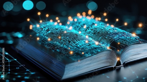 Open Book with Digital Data Streams Representing Neural Network and Language Processing Concepts