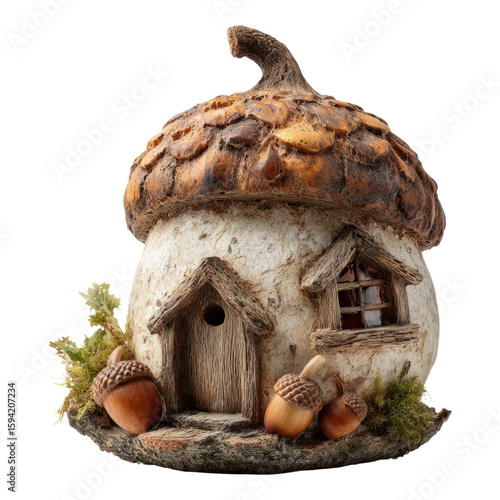 Whimsical Acorn Cottage with Natural Textures and Transparent Background