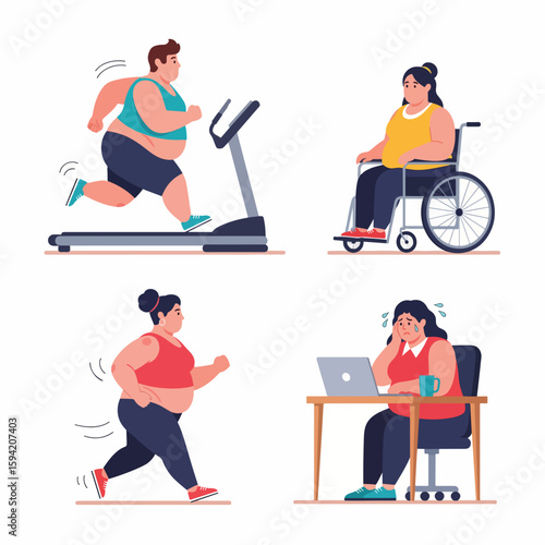 Overweight people exercising and working in a wheelchair