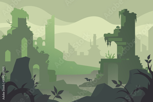 Fantasy Vine Wrapped Ruins Under Early Morning Haze
