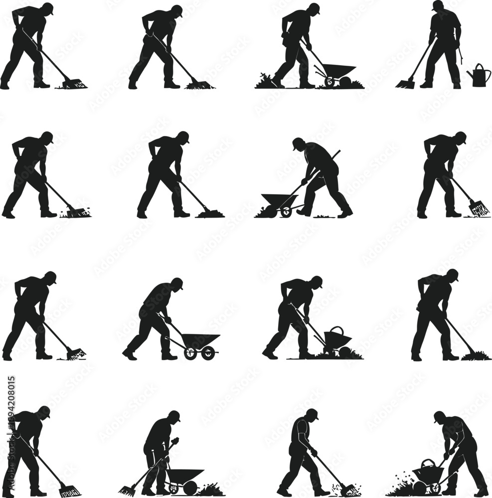 Fototapeta premium 12 silhouette figures of male workers various poses 