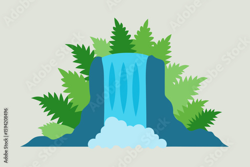 Hyper Real Waterfall Cascading On Fern Covered Rocks