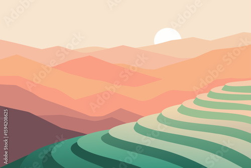 Layered Rice Terraces In Pastel Sunrise Haze