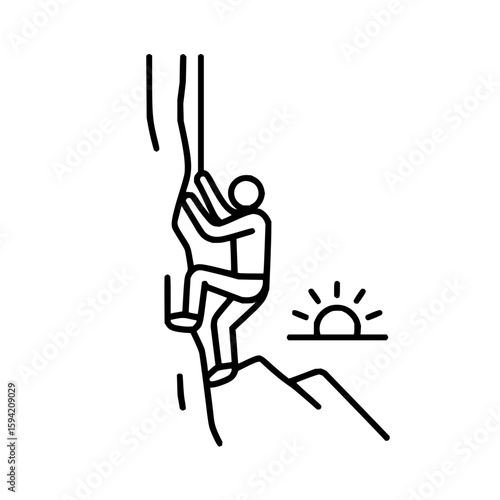 A minimalist line drawing of a person rock climbing with a sun and mountain in the background scene