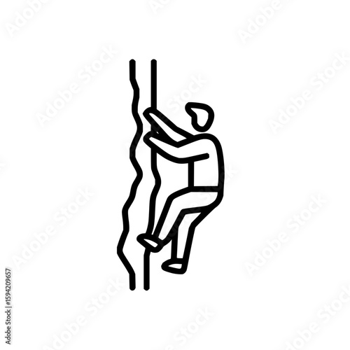 A minimalist line drawing of a person climbing a rock face with visible hand and foot holds shown