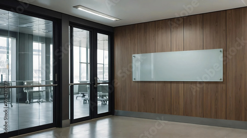 Blank glass nameplate design mockup, Signplate mock up on the wall near office entrance interior. Signage panel door number template.