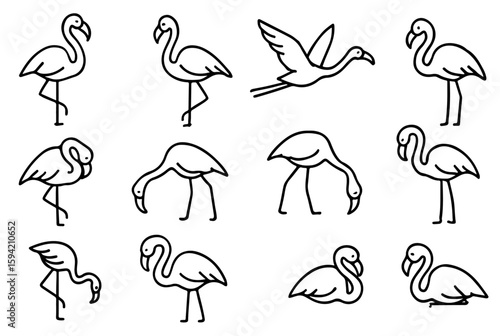 Minimalist Flamingo Icon Set Vector. 12 Flamingo Poses in Clean Black and White Line Art for UI Design, Branding, Wildlife Apps, Nature Graphics, and Elegant Modern Layouts