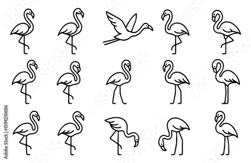Minimalist Flamingo Icon Set Vector. 15 Flamingo Poses in Clean Black and White Line Art for UI Design, Branding, Wildlife Apps, Nature Graphics, and Elegant Modern Layouts