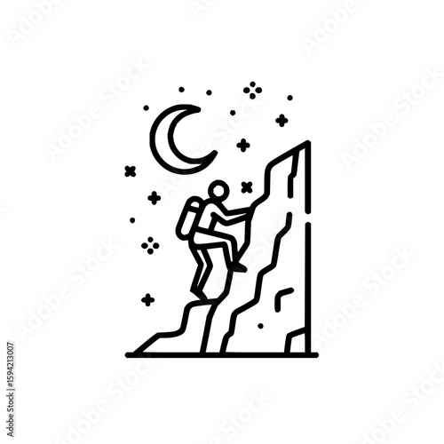 A climber with a backpack scaling a rock face under a crescent moon and starry night sky illustration