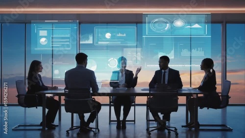 Executives collaborate on a futuristic interface discussing strategic planning and financial growth during a corporate meeting in a modern office.