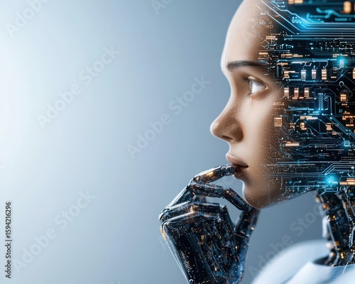 Futuristic Neural Network Concept with Beautiful Android and Technology Elements in Profile View