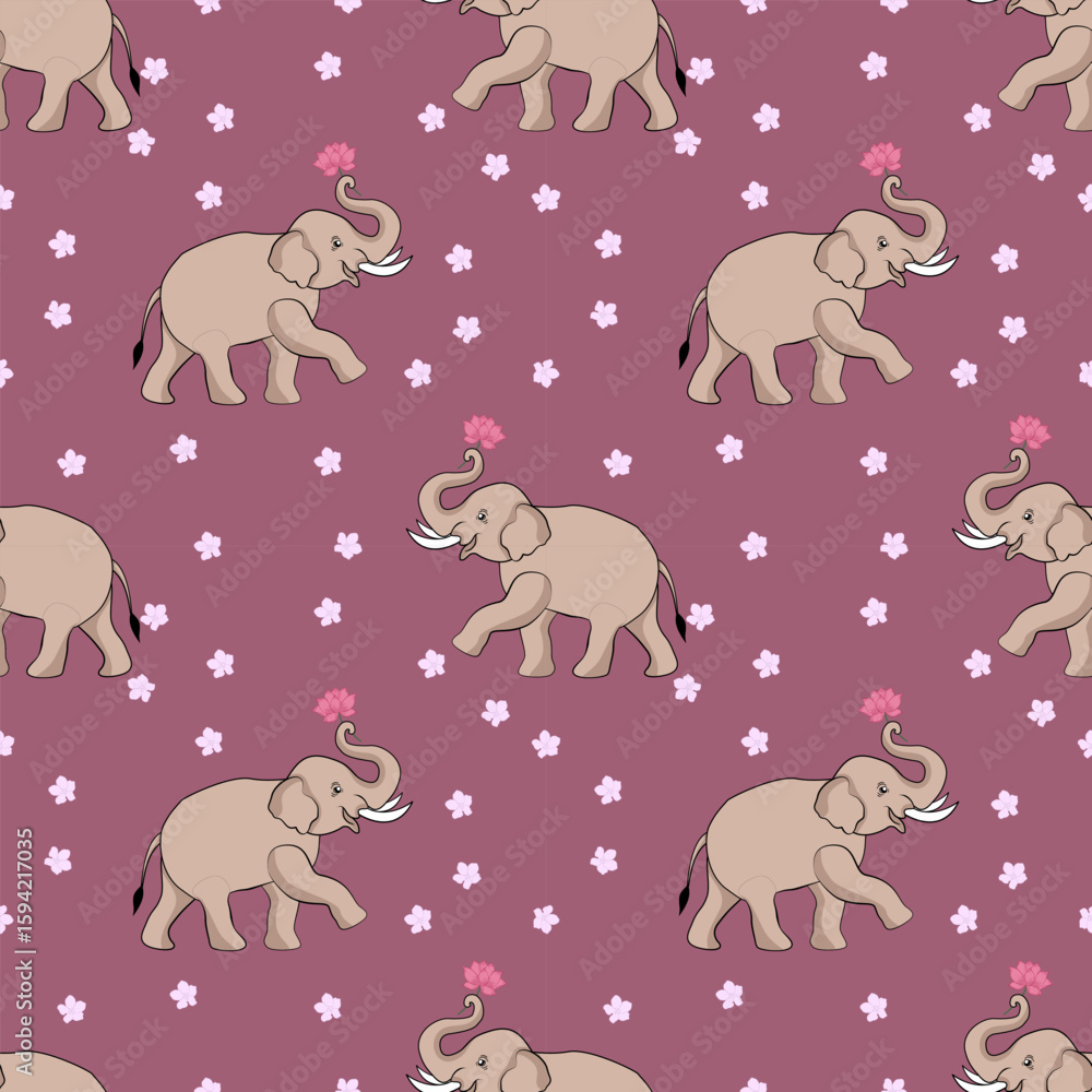 Obraz premium Seamless vector pattern of an elephant holding a pink lotus with small flowers, suitable for fabric patterns, designs, bedding, wallpapers.