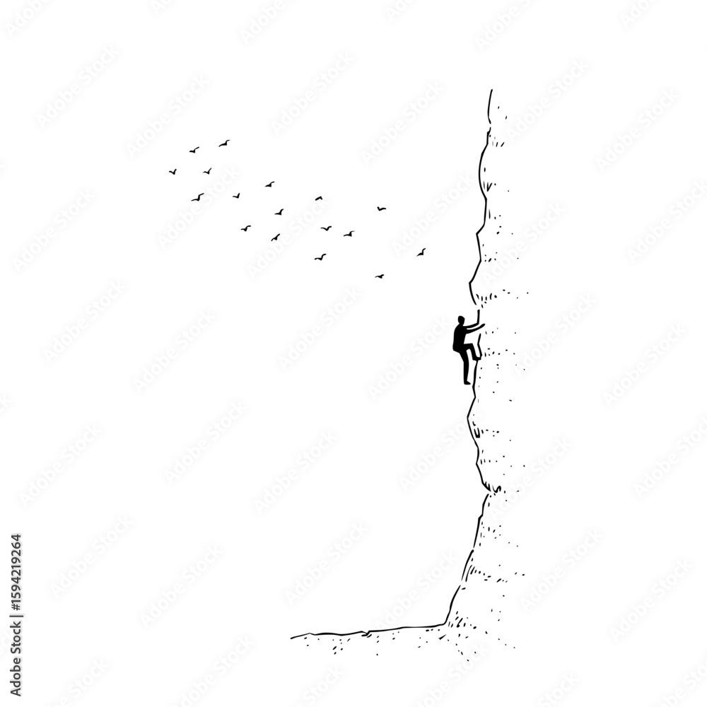 Obraz premium Man climbing a cliff face with birds flying in the distance in a black and white minimalist drawing