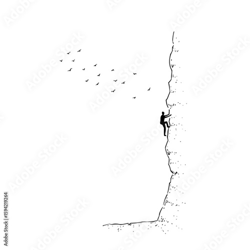 Man climbing a cliff face with birds flying in the distance in a black and white minimalist drawing