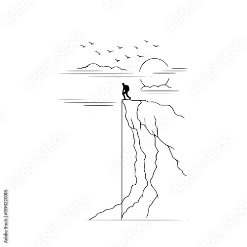Silhouette of a hiker standing on a cliff edge overlooking a landscape with birds and the sun setting