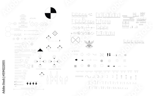 Architectural Symbols Vector Set: Arrows, Doors, Windows, North Signs, Elevation Marks for Interior and Architectural Drawings