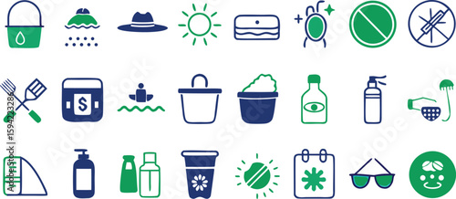 Vector art of a collection of summer essentials and protection icons, including sun, bug spray, and hygiene items isolated on transparent background.