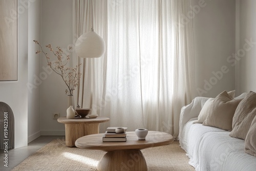 Living room styled in Nordic minimalism, featuring linen curtains and modern lighting