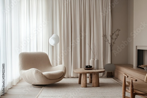 Living room styled in Nordic minimalism, featuring linen curtains and modern lighting