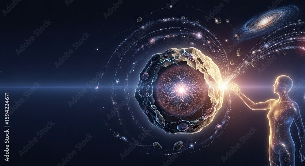Fototapeta premium Asteroid mining and space economy. A figure interacting with cosmic elements, symbolizing creativity and the universe's mysteries.